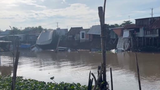 Đoạn bờ sông ông Chưởng ở Chợ Mới, An Giang sạt lở, sau tiếng rắc rắc, 10 căn nhà đổ sập xuống sông