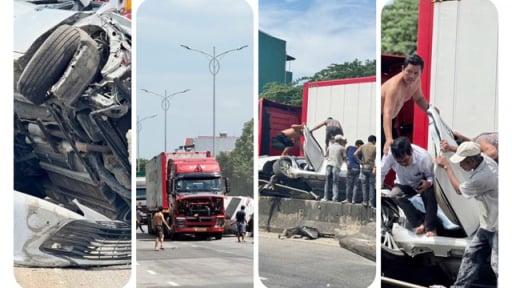 Quảng Ngãi: Clip ô tô con bị container kẹp bể nát trong dải phân cách sau va chạm