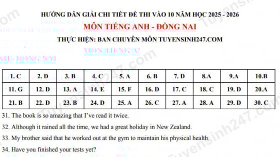  Đề thi môn Tiếng Anh vào lớp 10 năm 2025 của Đồng Nai có gợi ý đáp án