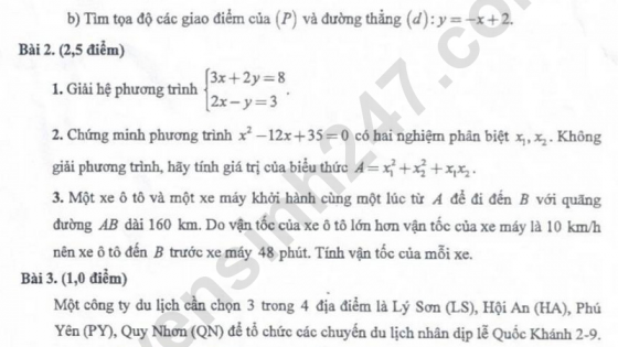Đề thi môn Toán vào lớp 10 năm 2025 của Quảng Ngãi có gợi ý đáp án