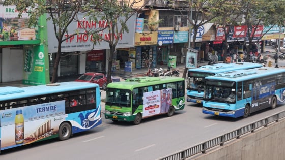 Nhìn cảnh hàng dài xe buýt nối đuôi nhau 'ăn khách' trên đường phố Hà Nội
