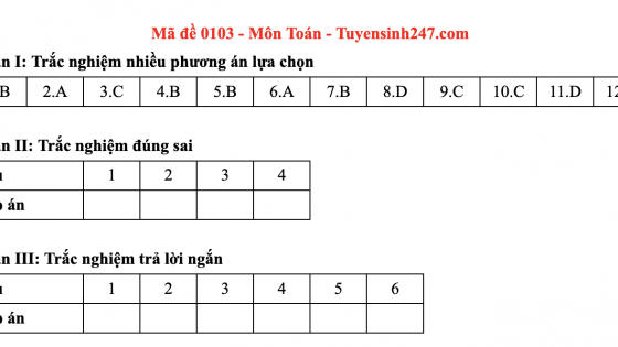 Đáp án môn Toán mã đề 103 thi tốt nghiệp THPT 2025 theo chương trình mới 