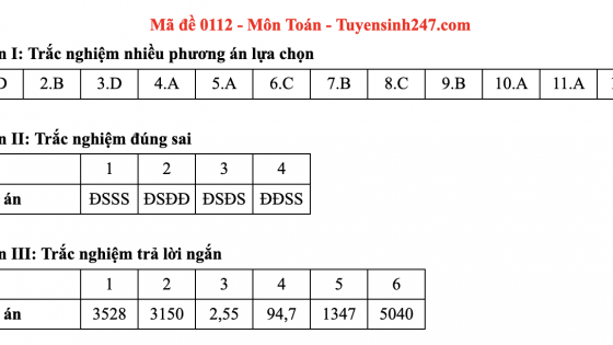 Đáp án môn Toán mã đề 112 thi tốt nghiệp THPT 2025 chương trình mới