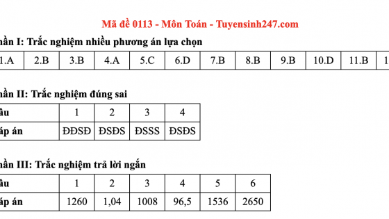 Đáp án môn Toán mã đề 113 thi tốt nghiệp THPT 2025 chương trình mới