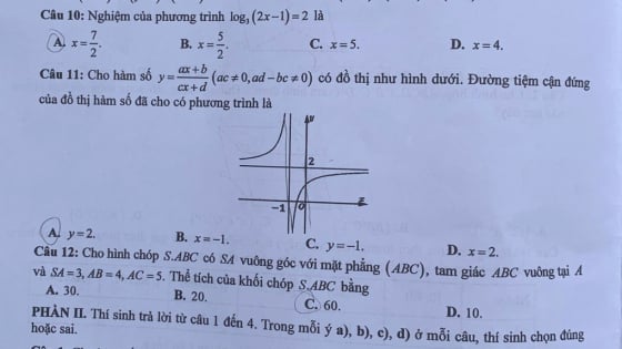 Đề thi môn Toán tốt nghiệp THPT 2025 mã đề 101 có gợi ý đáp án