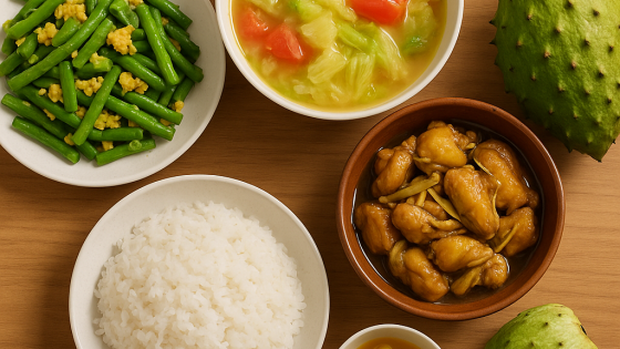 Bữa cơm tối 120 nghìn: Thịt gà kho gừng, canh bắp cải nấu cà chua, đậu đũa xào trứng