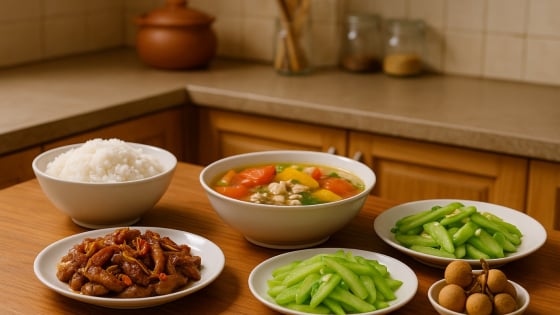 Bữa cơm tối 120 nghìn: Thịt heo xào sả ớt, canh ngao nấu chua