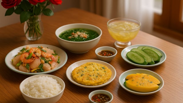 Bữa cơm tối 120 nghìn: Gỏi tôm bưởi, trứng đúc thịt, canh rau dền tôm khô, dưa leo chấm mắm ruốc
