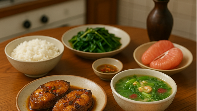 Bữa cơm tối 120 nghìn: Cá thu rim mặn ngọt, canh khoai mỡ nấu tôm, rau lang luộc