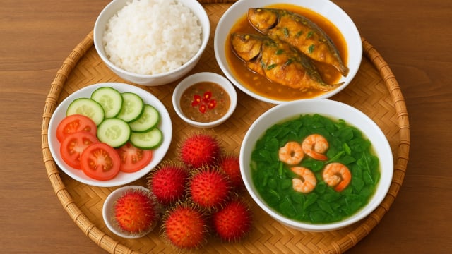 Bữa tối cuối tuần 120 nghìn: Cá nục kho nghệ, canh rau má tôm, dưa leo cà chua chấm mắm nêm