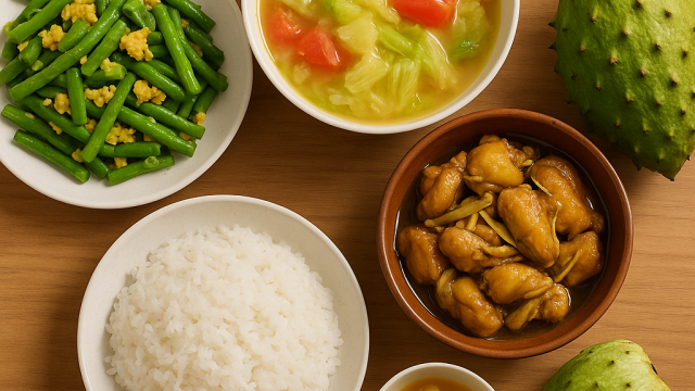 Bữa cơm tối 120 nghìn: Thịt gà kho gừng, canh bắp cải nấu cà chua, đậu đũa xào trứng
