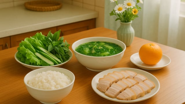 Bữa cơm tối 120 nghìn: Thịt luộc cuốn rau, canh cua mồng tơi mướp 