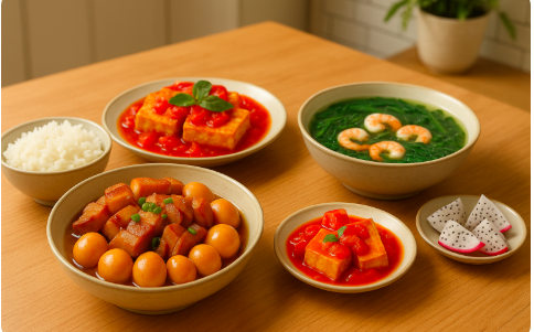 Bữa cơm tối 120 nghìn: Thịt heo kho trứng cút, canh mồng tơi nấu tôm