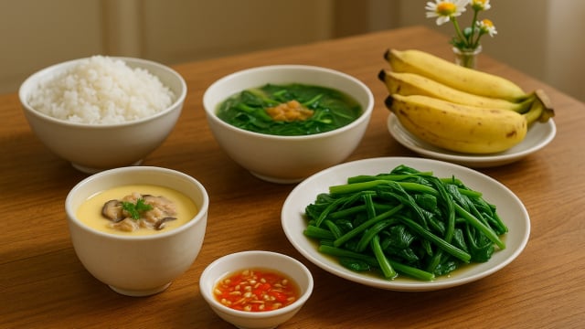 Bữa cơm tối 120 nghìn: Trứng hấp nấm thịt bằm, canh cải ngọt và rau muống luộc