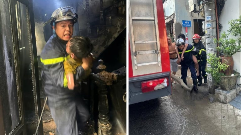 Hình ảnh cảnh sát giải cứu 3 cháu nhỏ mắc kẹt trong vụ cháy nhà dân tại Hà Nội
