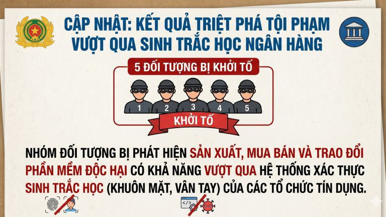 5 người bị khởi tố vì phát tán phần mềm 'vượt mặt' xác thực sinh trắc học ngân hàng