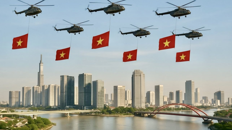 Màn diễn tập trực thăng kéo cờ Đảng, cờ Tổ quốc trên bầu trời trung tâm TP HCM