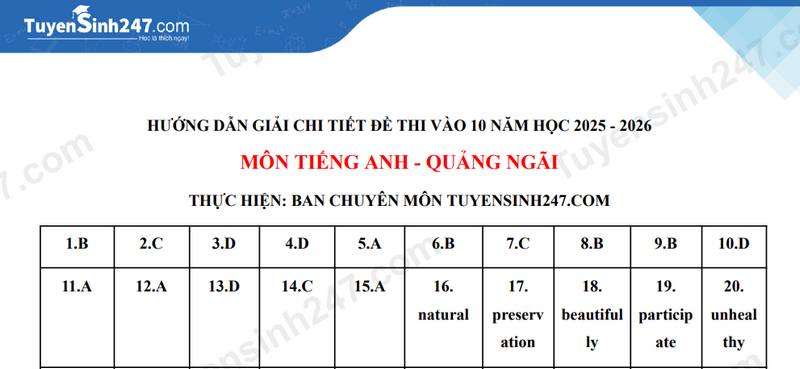 Đề thi môn tiếng Anh vào lớp 10 năm 2025 của Quảng Ngãi có gợi ý đáp án 