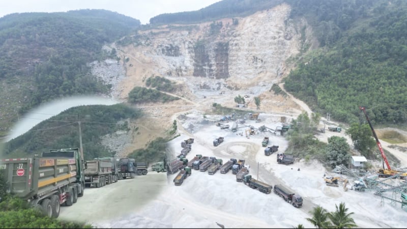 Xe tải “khủng” biển số ngoài tỉnh nối đuôi chờ “ăn hàng” tại  mỏ đá của Quảng Ngãi