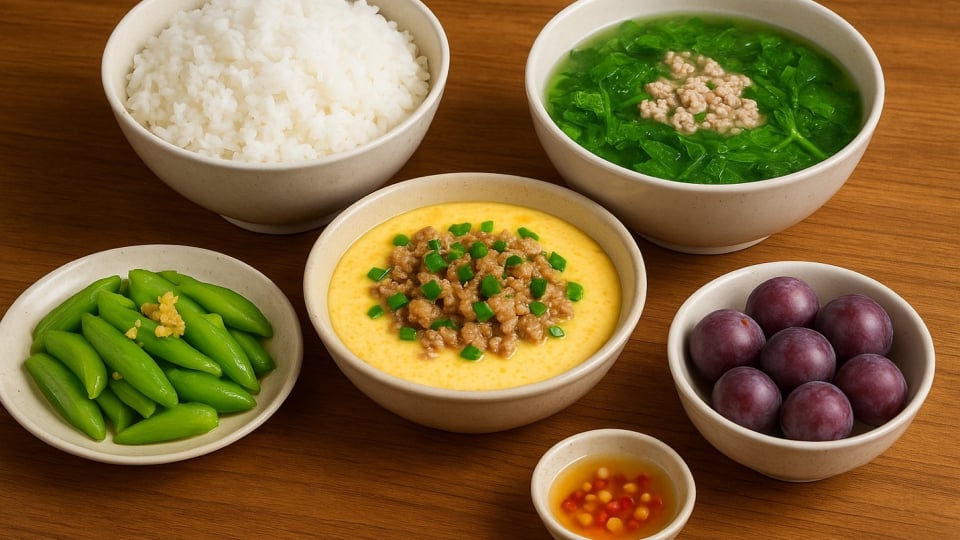 Bữa cơm tối 120 nghìn: Trứng hấp thịt, canh cải nấu thịt bằm, mướp xào tỏi