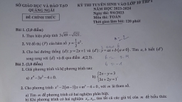 Đề Toán tuyển sinh lớp 10 Quảng Ngãi năm 2023 có đáp án