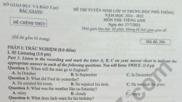 Đề thi vào lớp 10 môn Tiếng Anh tỉnh Bắc Giang năm 2021 đầy đủ nhất