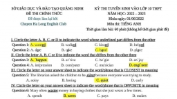 Đề thi vào lớp 10 môn Tiếng Anh tỉnh Quảng Ninh năm 2022 đầy đủ nhất