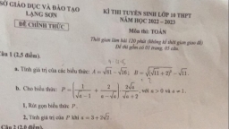 Đề thi vào lớp 10 môn Toán tỉnh Lạng Sơn 2022 có đáp án tham khảo