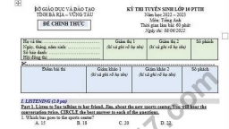 Đề thi vào lớp 10 môn Tiếng Anh tỉnh Bà Rịa - Vũng Tàu năm 2022 đầy đủ mã đề