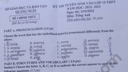 Đề thi môn Tiếng Anh vào lớp 10 Quảng Ngãi năm 2022 đầy đủ nhất