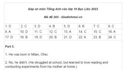 Gợi ý đáp án môn Tiếng Anh vào 10 Bạc Liêu 2023
