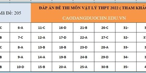 Đáp án môn Vật lý mã đề 205 thi tốt nghiệp THPT 2022 chi tiết, chính xác nhất