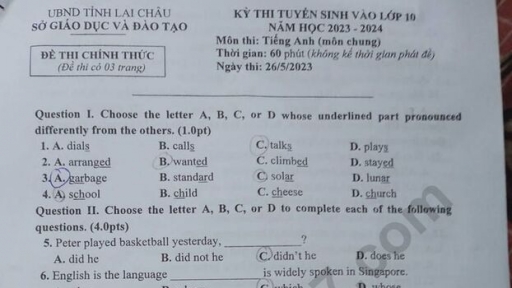 Đề thi, đáp án môn Tiếng Anh vào 10 tỉnh Lai Châu năm 2023 đầy đủ nhất