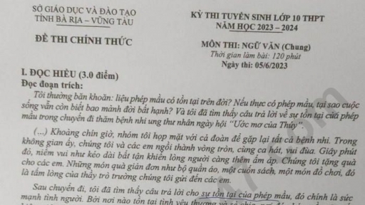 Đề Văn tuyển sinh lớp 10 Bà Rịa - Vũng Tàu năm 2023 và đáp án gợi ý