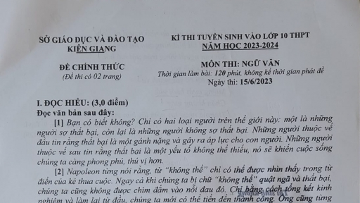 Đề Văn tuyển sinh lớp 10 Kiên Giang năm 2023 (có đáp án)