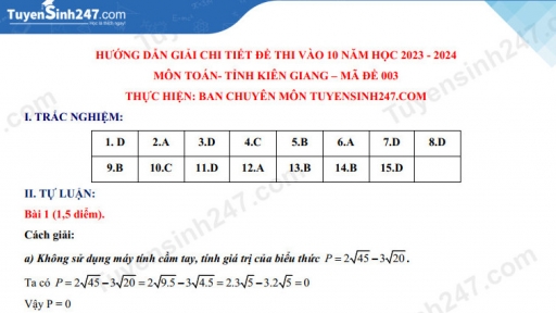 Gợi ý đáp án môn Toán vào lớp 10 Kiên Giang năm 2023 tất cả mã đề