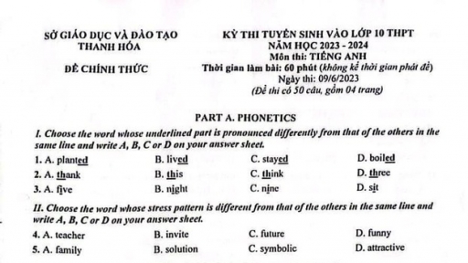 Đề thi Tiếng anh vào lớp 10 Thanh Hóa 2023 (có đáp án)