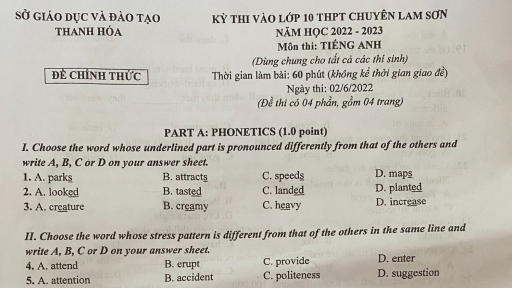 Đề thi môn Tiếng Anh vào lớp 10 THPT Chuyên Lam Sơn năm 2022 đầy đủ nhất