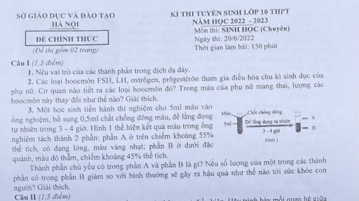 Đề thi vào lớp 10 chuyên Sinh Hà Nội năm 2022 có đáp án tham khảo