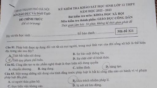 Đề khảo sát học sinh lớp 12 môn Giáo dục công dân của Sở GD&ĐT Hà Nội