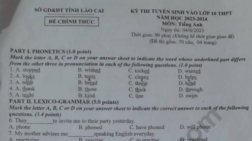 Đề thi môn Tiếng Anh vào lớp 10 tỉnh Lào Cai năm 2023 đầy đủ nhất