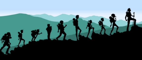 Một trang khác từ truyện tranh với các nhân vật leo lên một ngọn núi, tương tự như các nhân vật trong bộ phim Chúa tể của những chiếc nhẫn.