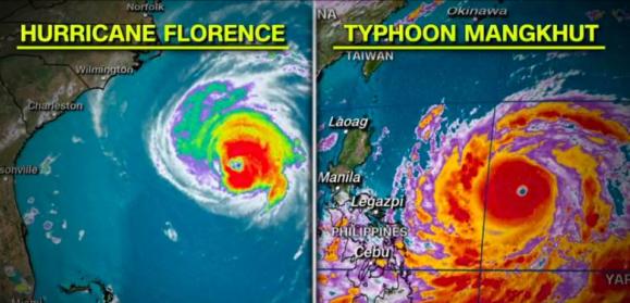   Dự báo, cơn bão này cũng có thể ảnh hưởng đến miền Bắc Việt Nam. Mangkhut được cho là có cường độ lớn hơn siêu bão Florence đang tấn công nước Mỹ và được so sánh với siêu bão Hải Yến đã tấn công Philippines năm 2013. Ảnh: CNN  