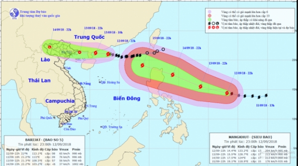   Vị trí và dự báo hướng đi của cơn bão số 5 và siêu bão Mangkhut lúc 23h ngày 12/9/2018  