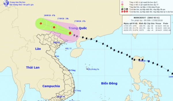   Dự báo thời tiết ngày 17/9/2018: Dự báo vị trí, hướng đi của cơn bão Mang khut (bão số 6)  