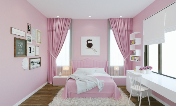 Phòng ngủ của con gái với phông màu hồng và trắng chủ đạo toát lên sự trẻ trung trong sáng