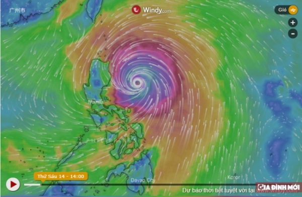   Ảnh từ vệ tinh cho thấy siêu bão Mangkhut đã đến sát bờ biển Philippines - Ảnh: Bưu điện Hoa Nam buổi sáng  