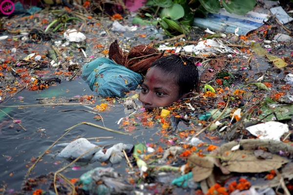 Đây là một hình ảnh của sông Yamuna thường xuyên được sử dụng để xử lý rác thải. Cậu bé này đang cố gắng bơi qua nó, và bạn biết hậu quả của nó thật kinh khủng như thế nào rồi?