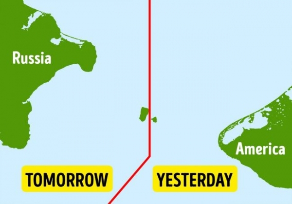Quần đảo Diomede, nằm giữa Nga và Mỹ là một đường đổi ngày (date line).  Sự chênh lệch thời gian giữa các đảo là 23 giờ. Vì thế, nếu phía Tây của đường này là ngày 18/5 thì phía Đông vẫn là 17/5. Tuy nhiên khoảng cách giữa các đảo chỉ chưa đầy 4km.