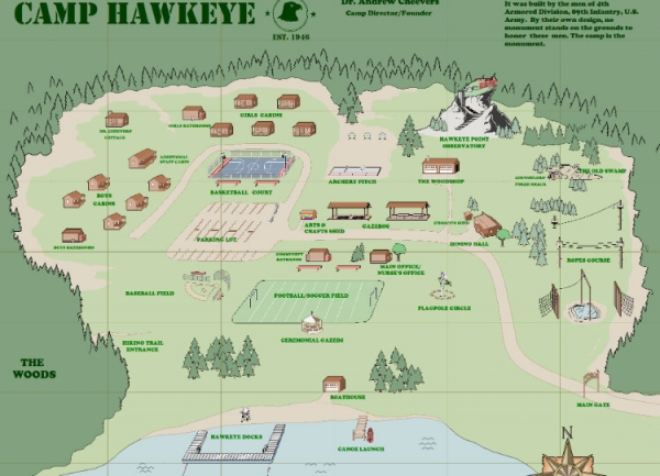 Một bản đồ chi tiết, hư cấu về Trại Hawkeye sau đó được phát triển thành Trại Redblood với nhiều chi tiết được sửa đổi. 
